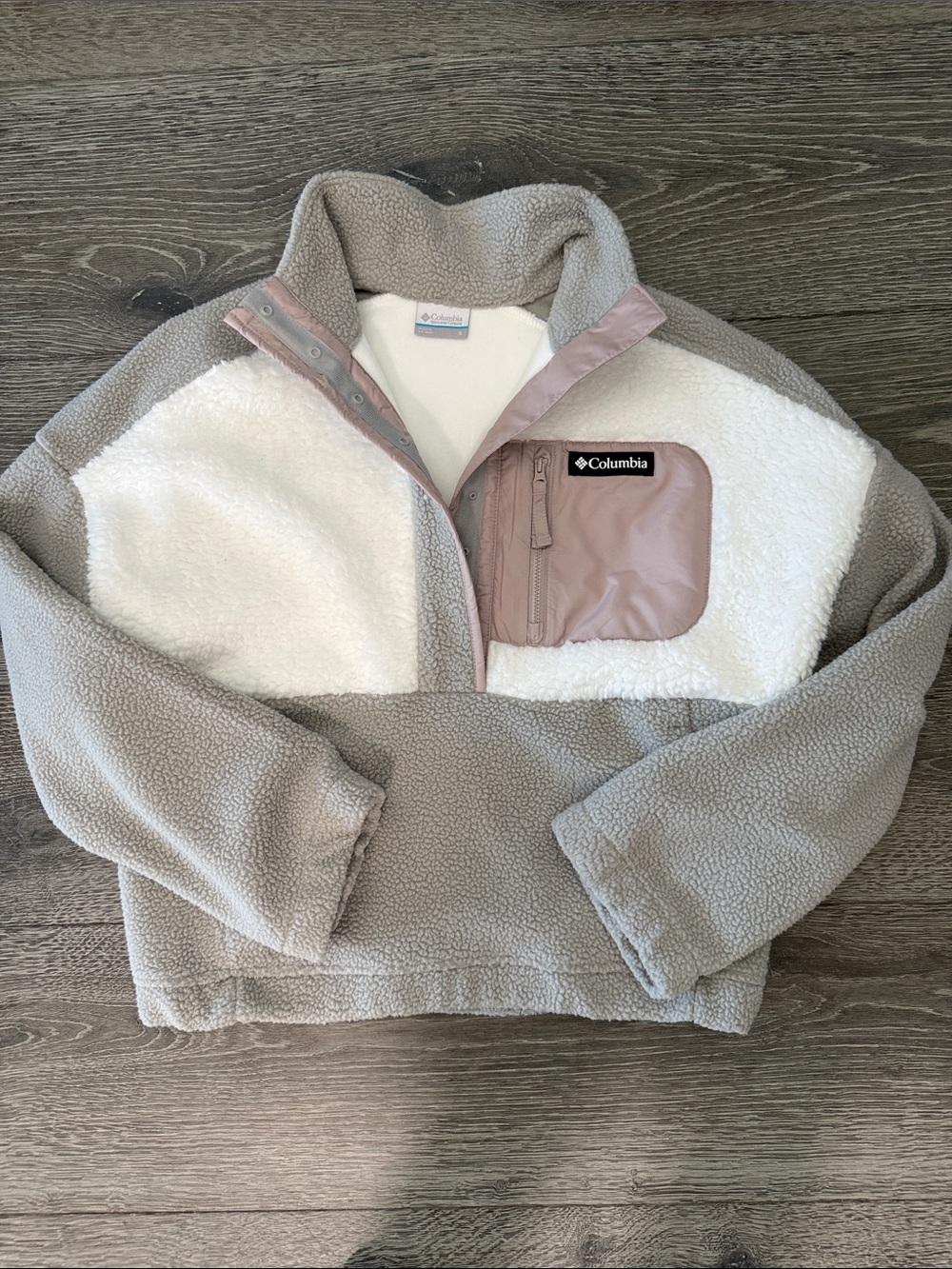Columbia Taupe, White & Blush Pink Sherpa Pullover